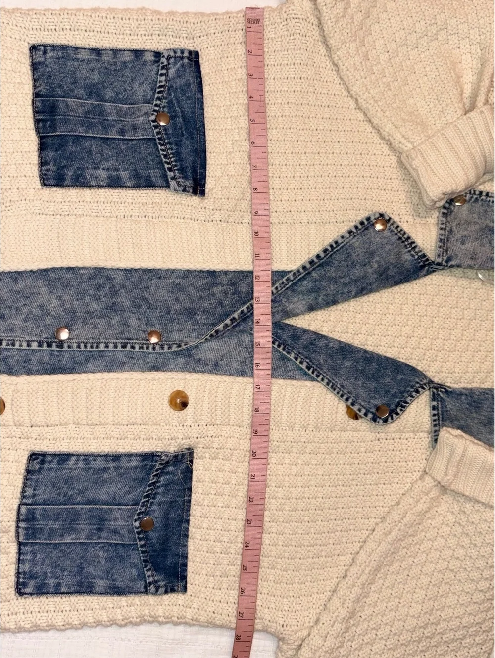 Altar'd State Hadley Cable Denim Mixed Cardigan Womens L Cream Jean Jacket